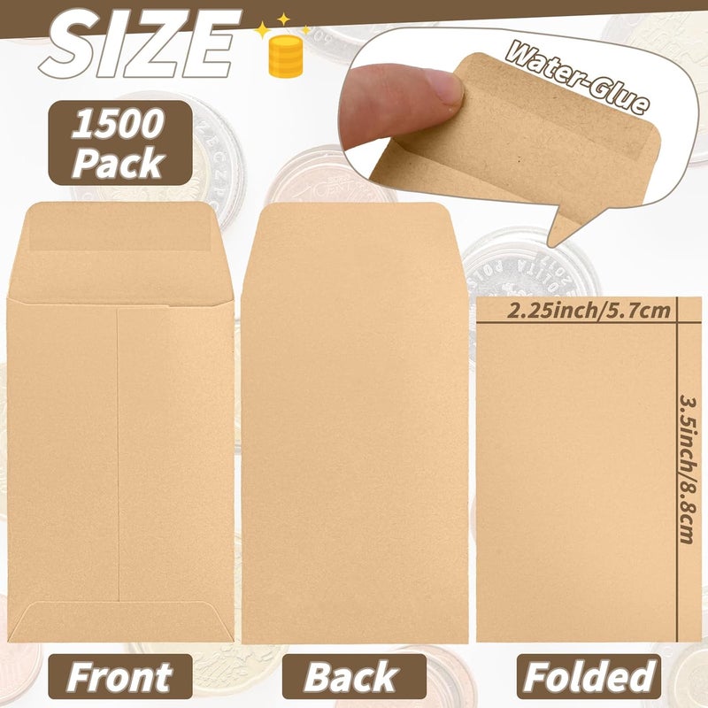 UZLU 1500 Pack Small Coin Envelopes 2.25x 3.5in Brown Kraft Small Cash Envelopes Mini Key Envelopes with Gummed Flap for Home and Office Use - Image 2